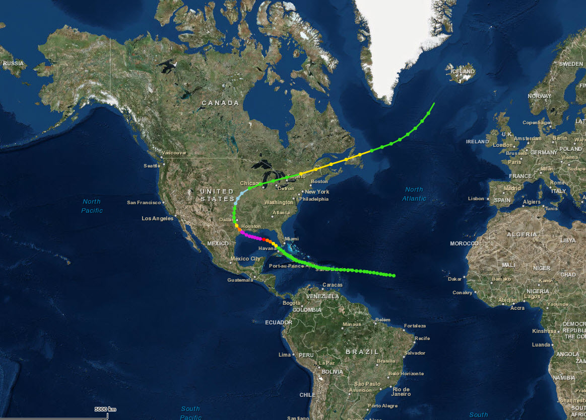 The track of the Galveston Hurricane in September 1900.