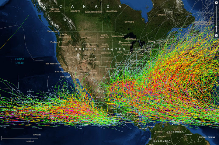This illustration shows the path of every tropical storm and hurricane ever recorded in the U.S. and Canada.