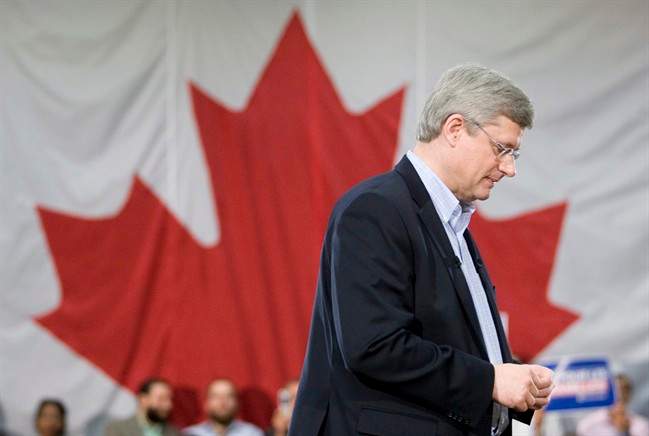 Prime Minister Stephen Harper delivers his speech during a campaign stop in Montreal, Friday April 29, 2011. THE CANADIAN PRESS/Adrian Wyld.