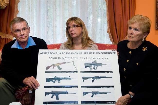 Louise De Sousa, centre, mother of Anastasia De Sousa who was shot and killed at Dawson College by Kimveer Gill in 2006 and Suzanne Laplante-Edward and Jim Edward, parents of Anne-Marie Edward who was shot and killed by Marc Lépine at Polytechnique college in 1989, attend a news conference in the Montreal borough of Pierrefonds, Thursday, April 28, 2011, where they spoke to reporters encouraging people not to vote for the Conservatives in the May 2nd federal election. THE CANADIAN PRESS/Graham Hughes.