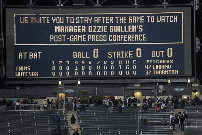The scoreboard show the linescore after Minnesota Twins pitcher Francisco Liriano threw a no-hitter against the Chicago Sox in a baseball game Tuesday, May 3, 2011, in Chicago. The Twins won 1-0. (AP Photo/Chicago Sun-Times, Tom Cruze) ** MANDATORY CREDIT CHICAGO OUT MAGS OUT **.