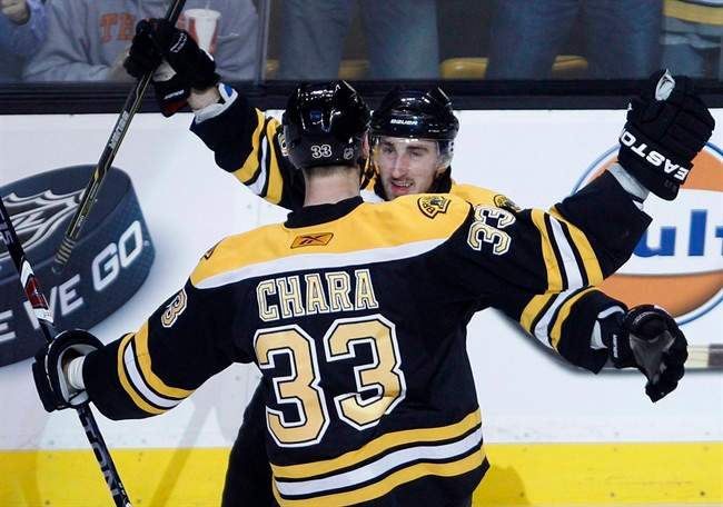 Boston Bruins defenseman Zdeno Chara (33) is congratulated by teammate Brad Marchand after his goal against the Philadelphia Flyers during the first period in Game 3 of the Eastern Conference semifinal NHL Stanley Cup hockey playoffs series in Boston, Wednesday, May 4, 2011. (AP Photo/Charles Krupa).