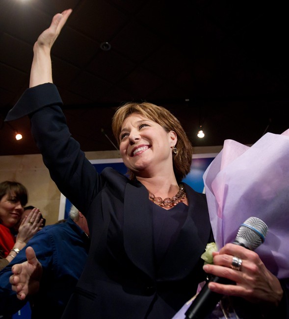 British Columbia Premier Christy Clark celebrates her byelection win in the riding of Vancouver-Point Grey in Vancouver, B.C., on Wednesday May 11, 2011. Clark, who was elected leader of the B.C. Liberal Party in February, won the seat in the legislature that was previously held by former premier Gordon Campbell. THE CANADIAN PRESS/Darryl Dyck.