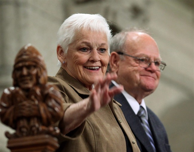 The parents of Terry Fox Betty and Rolly Fox, stand as they are acknowledged by the House of Commons during Question Period, on Parliament Hill, Tuesday October 19, 2010. There was an outpouring of support Friday after the Terry Fox Foundation announced that Betty Fox, the silver-haired matriarch who carried on her son's dream of raising funds to fight cancer, is seriously ill. THE CANADIAN PRESS/Fred Chartrand.