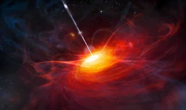 This artist's conception provided by the European Southern Observatory shows ESO’s Very Large Telescope and a host of other telescopes' discovery of the most distant quasar found to date. This brilliant beacon, powered by a black hole with a mass two billion times that of the Sun, is by far the brightest object yet discovered in the early Universe. (AP Photo/European Southern Observatory).