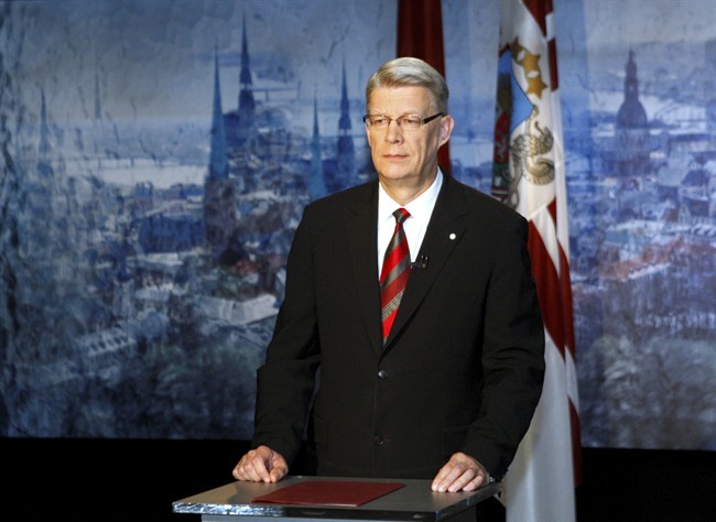In this photo taken on Saturday, May 28, 2011 and released by Office of the President of the Republic of Latvia, Presidents of Latvia Valdis Zatlers gives televised address in Riga, Latvia. Zatlers on Saturday called for the dissolution of the country's parliament after lawmakers blocked an anti-corruption investigation against a prominent politician. (AP Photo/Office of the President of the Republic of Latvia, Toms Kalnins) EDITORIAL USE ONLY.