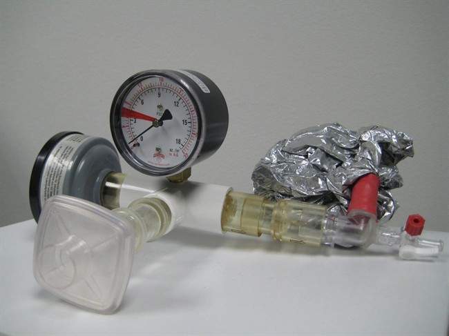 An exhaled breath collection device consisting of an air filter, flow meter, mouth filter and breath collection bag is shown in a handout photo. Breath tests are commonly used to detect blood alcohol levels and monitor asthma, but a similar test for H1N1 could possibly help identify those already infected with the flu virus, researchers suggest. THE CANADIAN PRESS/HO- Syft Technologies.