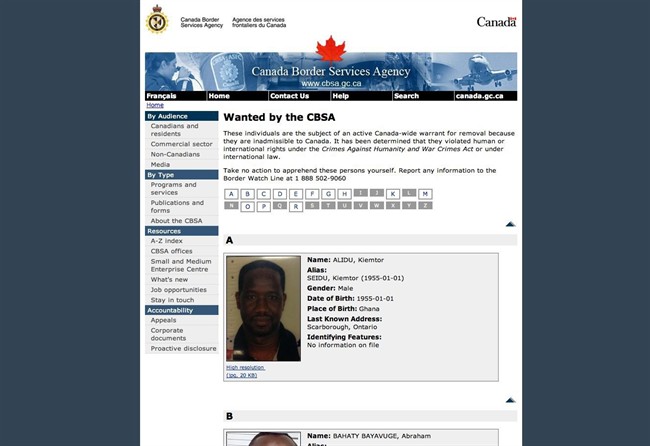 Federal officials have released the names of 30 suspected war criminals they say entered the country illegally.The government launched a website (shown) Thursday identifying the suspects and is asking the public to report any information that could lead to their whereabouts.THE CANADIAN PRESS/HO.