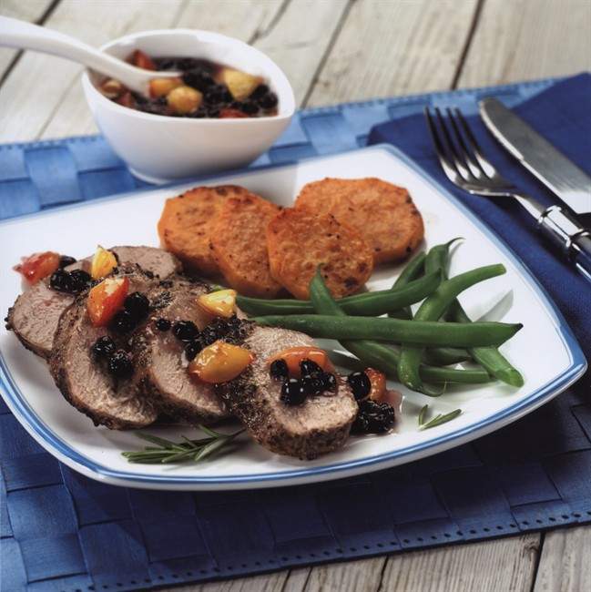 Maple Mustard Pork With Blueberry Plum Compote. The maple and herb marinade for this grilled pork loin can also be used with salmon, trout or chicken. THE CANADIAN PRESS/ HO.