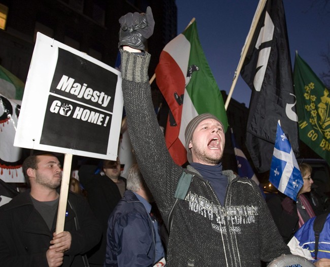 Anti-monarchist protesters demonstare before the arrival of Prince Charles and Camilla, Duchess of Cornwall at the Black Watch Regiment Tuesday, November 10, 2009 in , Montreal. Quebec's relationship with the royals is on full display again this weekend, as Prince William and Kate spend two days in a province where several protests are planned.THE CANADIAN PRESS/Ryan Remiorz.