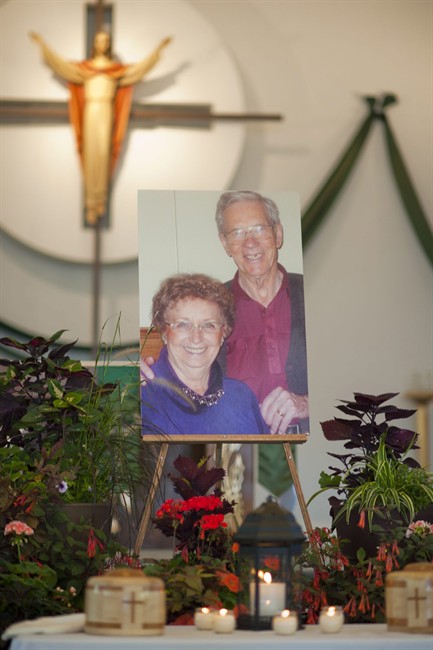 The portrait of Lyle and Marie McCann at their memorial service at the St. Albert Catholic Church, in St. Albert, Alta., on Saturday, July 30, 2011.  THE CANADIAN PRESS/John Ulan