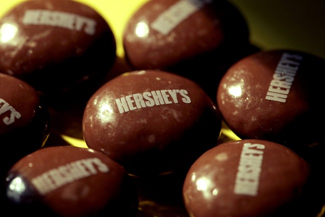 In this July 25, 2011 photo, Hershey's chocolate is seen in Overland Park, Kan. Hershey, the nation's second-largest candymaker, reported almost triple its second-quarter profit, largely because of expensive one-time costs that dampened profits a year ago. (.
