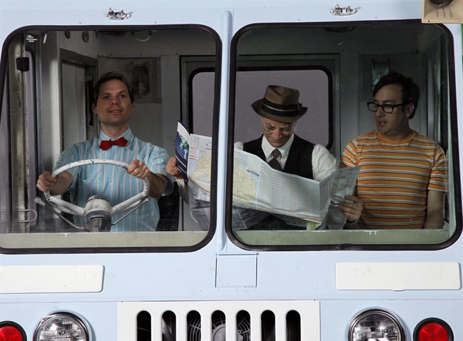 In this undated publicity image released by Crackle, Inc., from left, Michael Ian Black, Joshua Malina and Michael Panes are shown in an ice cream truck in a scene from, the web series "Backwash." Around 2007, TV networks made a veritable land rush to the Web, looking to lay down digital production studios. Four years later, many of those networks have pulled up stakes, shunning original Web content and reorienting their online outlook. (AP Photo/Crackle, Inc.).
