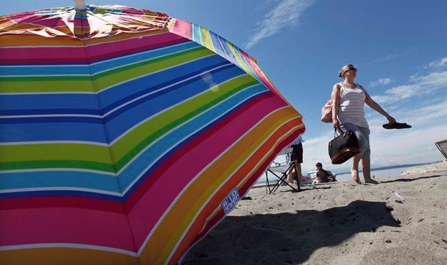 FILE - In this June 21, 2011 file photo, sun umbrellas are seen on the first day of summer at Seattle's Alki Beach Park. If you've hit the beach, chances are you've experienced an unfortunate rite of summer: The sunburn. Skin so swollen it hurts to bend. The heat that rises from reddened shoulders. The "ow, ow, ow" from the shower after you'd thought the pain had faded. For all the creams that promise to soothe, there aren't super treatments for a sunburn. Dermatologists say the best bet: Some of the same pills you pop for a headache _ like the ibuprofen found in Motrin and Advil, or Aleve and other brands of naproxen. (AP Photo/Elaine Thompson, File).