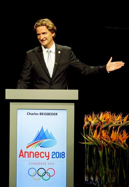 Charles Beigbeder, president of Annecy 2018 speaks during their presentation at the 123rd IOC session in support of Annecy's bid to host the 2018 Winter Games in Durban, South Africa, Wednesday July 6, 2011. The International Olympic Committee will announce the host city for the 2018 Winter Olympics in Durban. The IOC members will choose between three candidates Annecy, France; Munich Germany; and Pyeongchang, South Korea for the 2018 host. (AP Photo/Themba Hadebe).