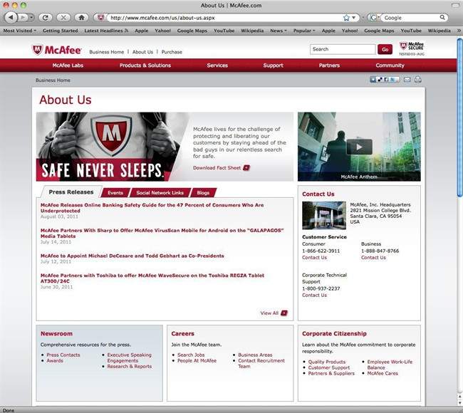 This screen shot shows the McAfee website. A computer security firm says cybercriminals have spent at least the past five years targeting more than 70 government entities, nonprofit groups and corporations to steal troves of data. McAfee Inc. said in a report Wednesday, Aug. 3, 2011, that the attacks have targeted a broad range of organizations, including the United Nations, the International Olympic Committee and companies in mostly in the United States. (AP Photo).