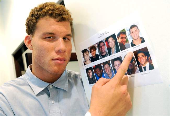Los Angeles Clippers basketball player Blake Griffin points to his picture on an ID page of summer interns during the first day of his week-long internship at comedy video website Funny Or Die, Tuesday, Aug. 23, 2011, in Los Angeles. A fan of Funny Or Die and comedy in general, Blake will spend the week on tasks ranging from running office errands to helping out on productions. (AP Photo/Chris Pizzello).