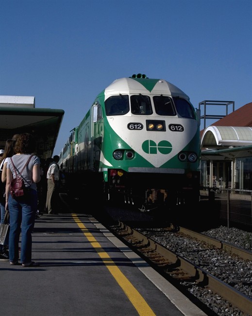 A GO train arrives at the station in Oakville, Ont., Saturday, Aug.30, 2008.
