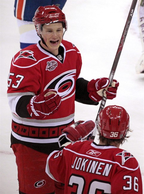 Carolina Hurricanes' Jeff Skinner (53) celebrates his goal with teammate Jussi Jokinen (36), of Finland, during the first period of an NHL hockey game against the New York Islanders in Raleigh, N.C., Friday, March 18, 2011. What can Skinner do for an encore? The 19-year-old Carolina Hurricanes forward will remain among the NHL's youngest players this season, but figures there'll be a lot more expectations after a 31-goal rookie campaign.THE CANADIAN PRESS/AP-Karl B DeBlaker.