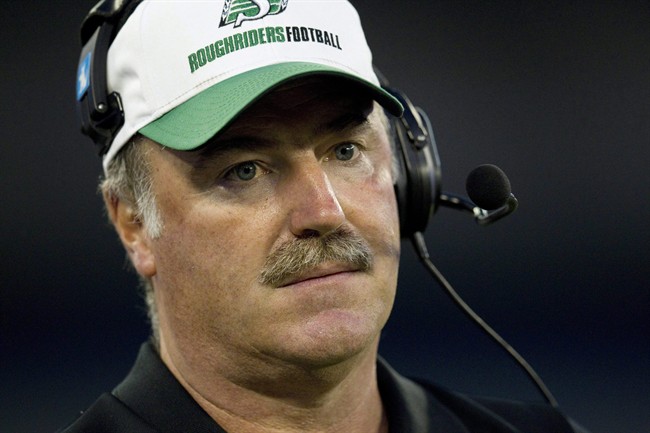 The Saskatchewan Roughriders have fired head coach Greg Marshall. Marshall watches during first half CFL action against the Toronto Argonauts in Toronto on Thursday August 18, 2011. THE CANADIAN PRESS/Frank Gunn.