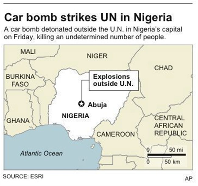 Map shows Abuja, NIgeria, where a car bomb detonated outside the U.N.