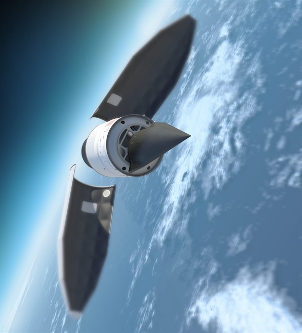 In this undated artist's rendition released by the Defense Advanced Research Projects Agency (DARPA) showing the Falcon Hypersonic Technology Vehicle 2 (HTV-2) separating from the rocket. The Falcon HTV-2 is an unmanned, rocket-launched, maneuverable aircraft that glides through the Earth’s atmosphere at incredibly fast speeds, Mach 20 (approximately 13,000 miles per hour). The hypersonic glider is scheduled for launch atop a Minotaur rocket on Wednesday Aug.10,2011 from Vandenberg Air Force Base, Calif. The Hypersonic Test Vehicle-2 is an experiment in extremely high speed flight technologies by the U.S. Defense Advanced Research Projects Agency. (AP Photo/DARPA).