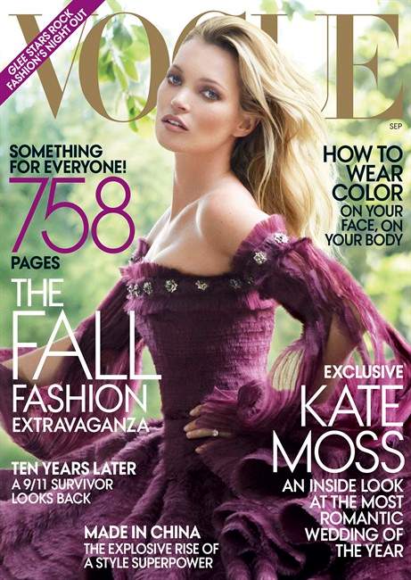 In this magazine cover image taken by Mario Testino for Vogue, model Kate Moss is shown on the cover of the September 2011 issue of "Vogue," available on newsstands nationwide on Aug. 23. (AP Photo/Vogue, Mario Testino).