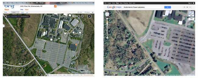 This combination image of screen captiures shows maps of the Knolls Atomic Power Laboratory in Schenectady, N.Y. available on the Bing website, left, and Google maps services website on Aug. 18, 2011. In the post-9/11 world, the blurred image of this and other sites is the product of New York state's homeland security apparatus. (AP Photo).