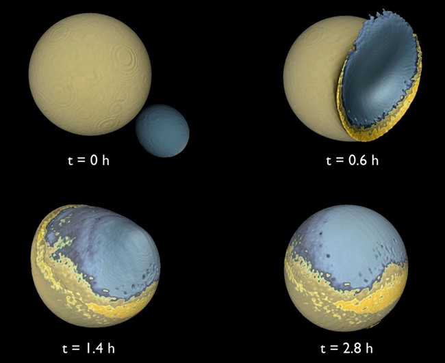 This diagram provided by Martin Jutzi and Erik Asphaug, University of California, Santa Cruz via Nature shows a simulation of four stages of a collision between the Moon and a companion moon, four percent of the lunar mass, about 4 billion years ago. Earth once had a second moon, until it made the fatal mistake of smacking its big sister, some astronomers now theorize. For awhile when the Earth was young, it had a big moon, the one you see now, and a smaller "companion moon" orbiting above. Then one day that smaller moon collided into the bigger one in what astronomers are calling the "big splat." (AP Photo/Martin Jutzi and Erik Asphaug, University of California, Santa Cruz via Nature).