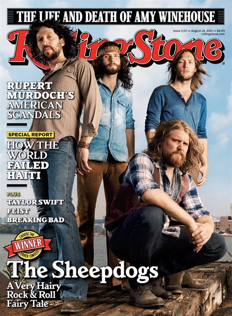 In this magazine cover image released by Rolling Stone, the lover of "Rolling Stone" magazine, featuring The Sheepdogs are shown. The Canadian rock band beat out 15 other competitors to land on the cover in a contest judged by readers, which will hit newsstands on Friday. (AP Photo/Rolling Stone).