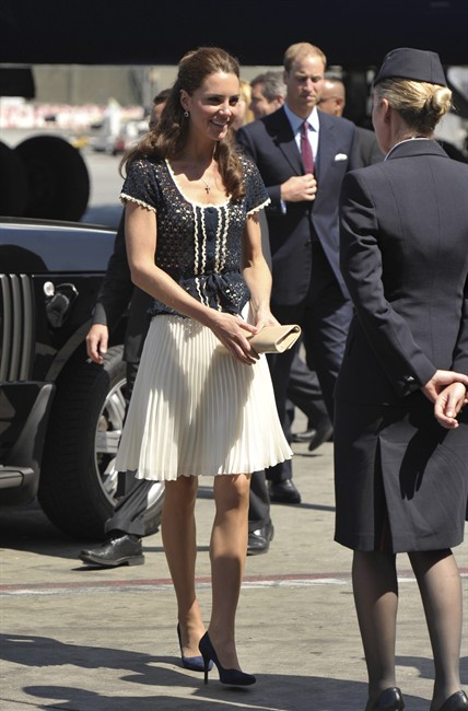 FILE- This Sunday, July 10, 2011 file photo shows Kate, the Duchess of Cambridge, as she arrives for her departure at Los Angeles International Airport in Los Angeles. Since the heyday of the 1980s, there's been a casual revolution, a revolt against covered-but-sheer legs. Now hosiery is making its comeback. (AP Photo/John Shearer, Pool, FILE).