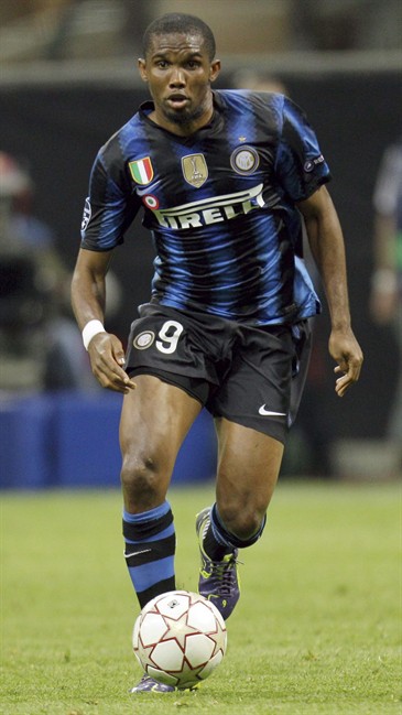In this picture taken, Tuesday, April 5, 2011, Inter Milan striker Samuel Eto'o, of Cameroon, during a Champions League, first-leg quarterfinal soccer match between Inter Milan and Shalke 04, in Milan, Italy. Inter Milan president Massimo Moratti is hoping to sell standout striker Samuel Eto'o to Russian club Anzhi Makhachkala because the offer is just too good to turn down, and it coincides with new financial fair play standards being introduced by UEFA. Anzhi is reportedly prepared to pay Inter between Ä20 and Ä30 million ($29 and $43 million) for the 30-year-old Eto'o and give the Cameroon international a three-year contract worth Ä20 million ($29 million) net per season. (AP Photo/Luca Bruno).