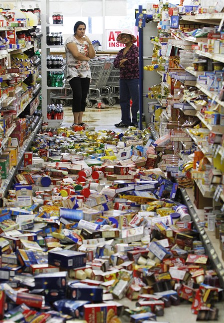 Debris covers the floor of the Miller's Mart food store in Mineral, Va., a small town northwest of Richmond near the earthquake's epicenter, Tuesday, Aug. 23, 2011. The most powerful earthquake to strike the East Coast in 67 years shook buildings and rattled nerves from South Carolina to Maine. (AP Photo/Steve Helber).