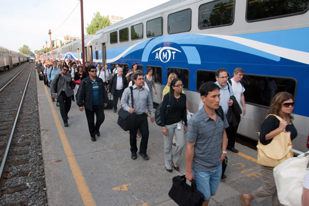 Commuters taking the Agence Métropolitaine de Transport (AMT) Deux-Montagnes train.