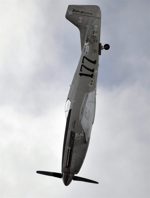 A P-51 Mustang airplane is shown right before crashing at the Reno Air show on Friday, Sept. 16, 2011 in Reno Nevada. The plane plunged into the stands at the event in what an official described as a "mass casualty situation." (AP photo/Grass Valley Union, Tim O'Brien) MANDATORY CREDIT.