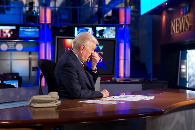 CTV news anchor Lloyd Robertson reacts after his final newscast on Thursday Sept. 1, 2011. Robertson is retiring after 60 years in broadcasting including 35 as CTV's chief anchor and senior news editor. THE CANADIAN PRESS/Chris Young.