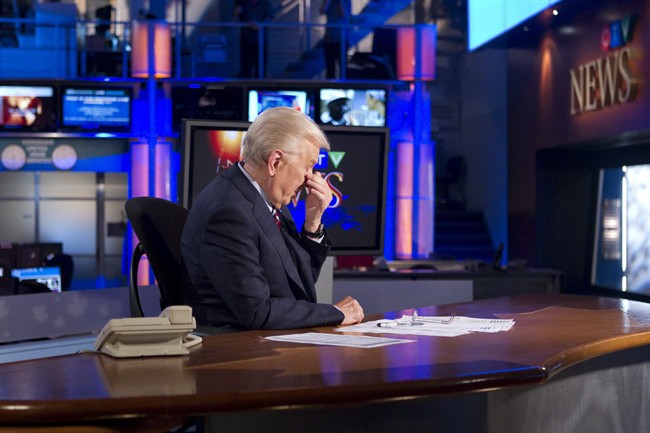 CTV news anchor Lloyd Robertson reacts after his final newscast on Thursday Sept. 1, 2011. Robertson is retiring after 60 years in broadcasting including 35 as CTV's chief anchor and senior news editor. THE CANADIAN PRESS/Chris Young.