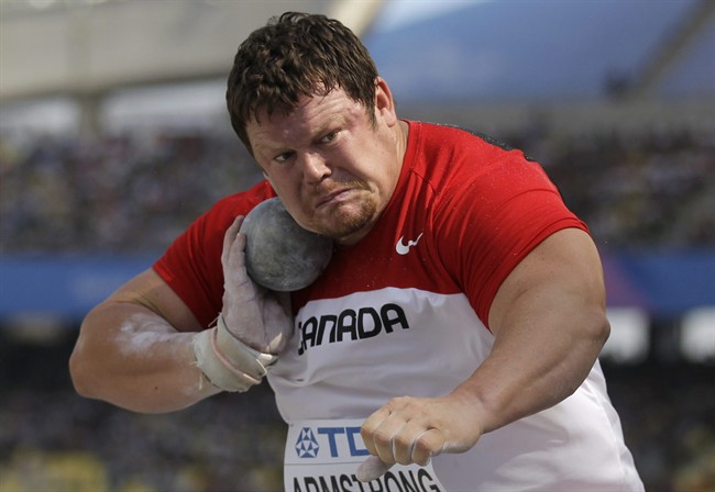 Canada's Dylan Armstrong throws in the Men's Shot Put qualification round at the World Athletics Championships in Daegu, South Korea, Thursday, Sept. 1, 2011. Armstrong headlines the list of 17 Canadian track and field athletes who will compete at next month's Pan Am Games in Mexico. THE CANADIAN PRESS/AP-Matt Dunham.