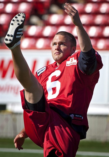Calgary Stampeders kicker Rob Maver watches his punt during the team's training camp in Calgary, Sunday, June 6, 2010. The Stampeders are sticking with rookie Rene Paredes for Saturday's game against the B.C. Lions even though incumbent Maver is ready to kick again. THE CANADIAN PRESS/Jeff McIntosh.