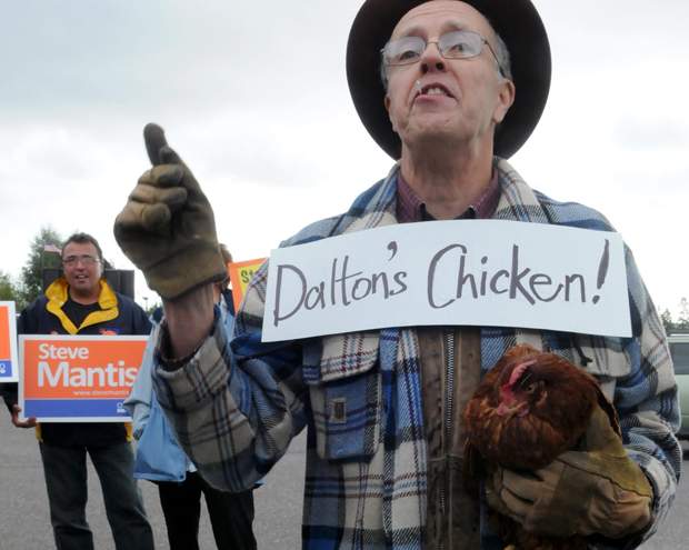 Protester uses a chicken to mock McGuinty for skipping northern debate - image