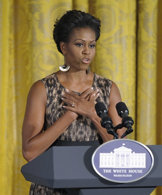 First lady Michelle Obama speaks in the East Room of the White House in Washington, Tuesday, Sept. 13, 2011 during the Smithsonian's Cooper Hewitt National Design Awards luncheon. (AP Photo/Susan Walsh).