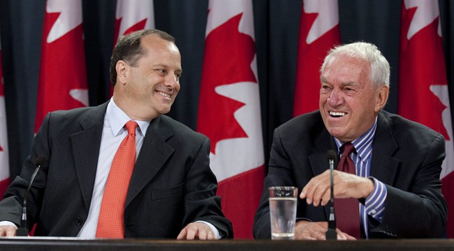 Brian Topp shares a laugh with former NDP leader Ed Broadbent (right) at a news conference in Ottawa, Monday September 12, 2011, where Topp announced he will run for the leadership of the NDP. THE CANADIAN PRESS/Fred Chartrand.