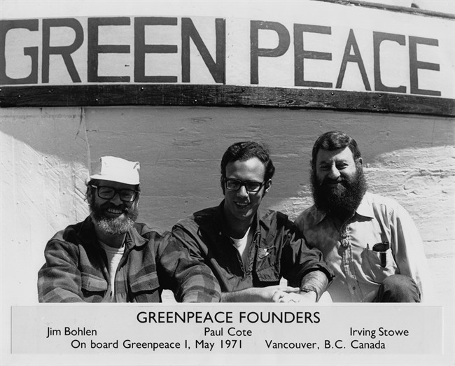 The core of the 1970-71 "Don't Make A Wave Committee", which later formed Greenpeace (from right): Irving Stowe, a lawyer, Paul Cote, a law student, and Jim Bohlen, a forestry scientist. Stowe and Bohlen were long-standing peace activists. Bohlen, a world war veteran, had once worked for the US arms programme; Stowe, a Quaker, brought the idea of bearing witness into the organization. Stowe died in 1974. Bohlen was among the founders of the Green Party of Canada and was Director of Greenpeace Canada for a while, Cote left after a few months. THE CANADIAN PRESS/ HO.