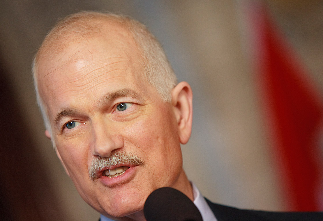 New Democratic Party (NDP) leader Jack Layton speaks at a press conference in the foyer of the House of Commons in Ottawa, Canada, following the fall of the Conservative government in a non confidence vote March 25, 2011.