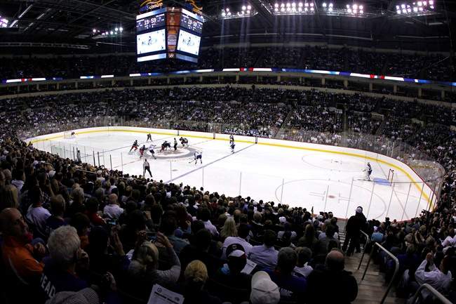 The opening faceoff of the Winnipeg Jets and the Columbus Blue Jackets during first period pre-season NHL action in Winnipeg on Tuesday, September 20, 2011. THE CANADIAN PRESS-John Woods.