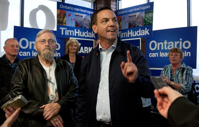 Ontario Progressive Conservative Leader Tim Hudak talks to supporters during a campaign stop in Brockville, Ontario on September 7, 2011. Ontarians will vote in a provincial election on Oct.6. THE CANADIAN PRESS/Lars Hagberg.