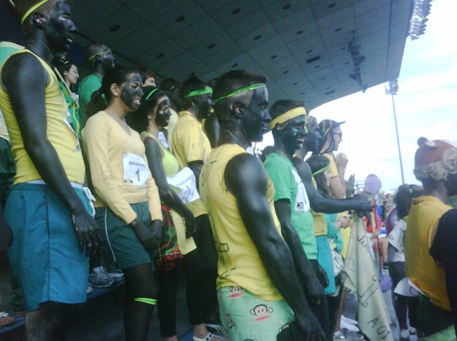 People in blackface take part in a back-to-school event at the Universite de Montreal, Wednesday, Sept.14, 2011 in a handout photo provided by Anthony Morgan. The event is being characterized as racist after students painted themselves in blackface. Students at the Universite de Montreal's business school dressed up as Jamaican sprinters, with black paint covering their skin, for a frosh-week event. THE CANADIAN PRESS/HO-Anthony Morgan.