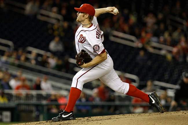 Washington Nationals starting pitcher Stephen Strasburg (37) pitches against the Los Angeles Dodgers during the second inning of a baseball game at Nationals Park in Washington, on Tuesday, Sept. 6, 2011. (AP Photo/Jacquelyn Martin).