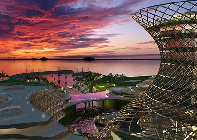 This artist's conception provided by PTW shows sunset at Caesars Palace Longmu Bay, Hainan, China. Caesars Entertainment Corp. is announcing it's building a $470 million luxury resort on the Chinese island of Hainan.(AP Photo/PTW).