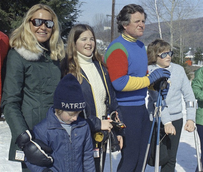 FILE - In this Feb. 16, 1975 file photo, Sen. Edward Kennedy, second from right, poses for photos with wife Joan, left rear, and children Patrick, left front, Kara, center, and Edward Jr., right, during a family skiing trip in Massachusetts. Kara, the oldest child of the late Sen. Kennedy, died Friday, Sept. 16, 2011, at a Washington-area health club, Patrick Kennedy told The Associated Press. She was 51. (AP Photo/Peter Bregg, File).